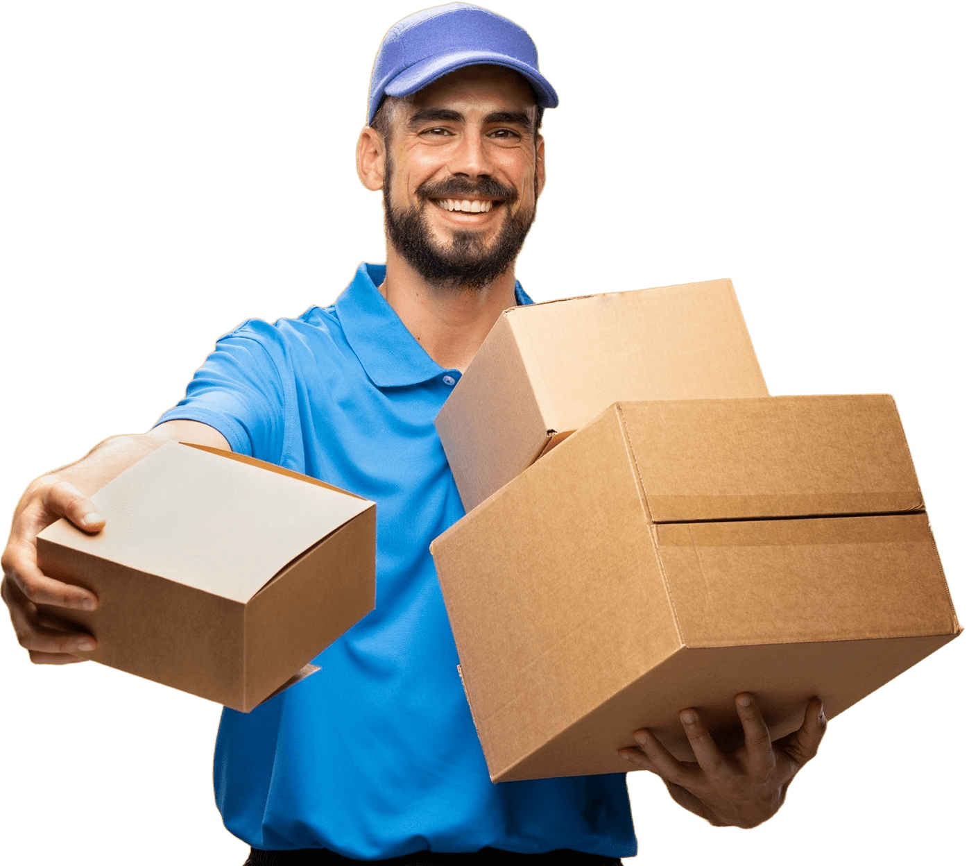 Smiling delivery driver holding multiple food delivery boxes